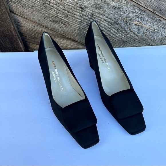 Vintage Black Satin Square Toe Block Heel 1920s Look KATHARINE HAMNETT LONDON - Picture 1 of 9